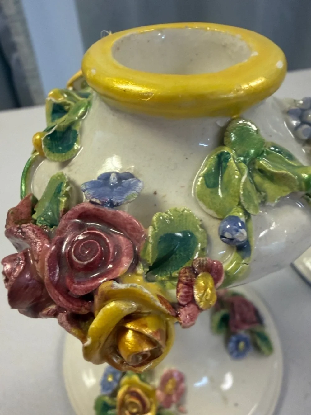 Vintage made in Italy White Ceramic Floral Candlestick with Yellow Accents